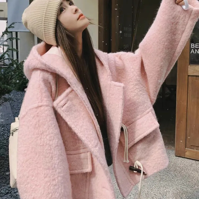 Wool Coat Peacoat - Pink Hooded Crop Woolen Coats Women